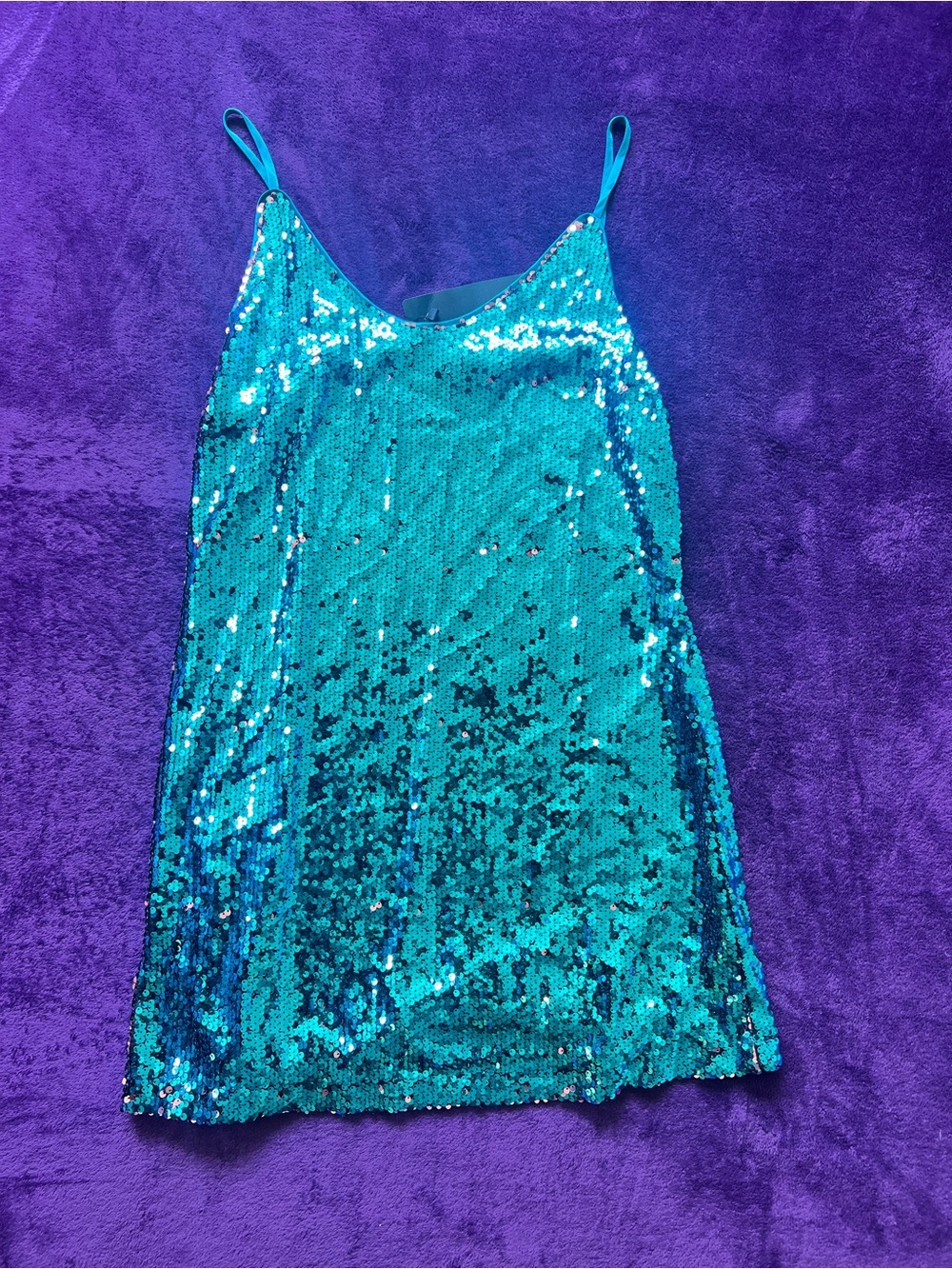 Allegra K Teal Sequin Mini Dress with Spaghetti Straps and lining Size M